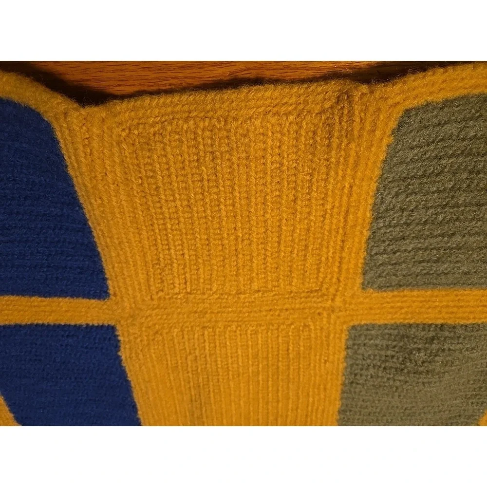Vintage Crochet Afghan Throw Blanket Handmade 65x36 Yellow Blue Green 1966